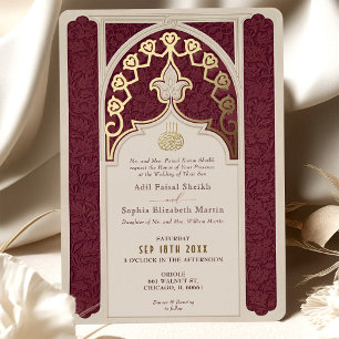 Invitation En Aluminium Mariage islamique bordeaux et feuille d'or
