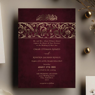 Invitation En Aluminium Mariage islamique floral de luxe bordeaux et or