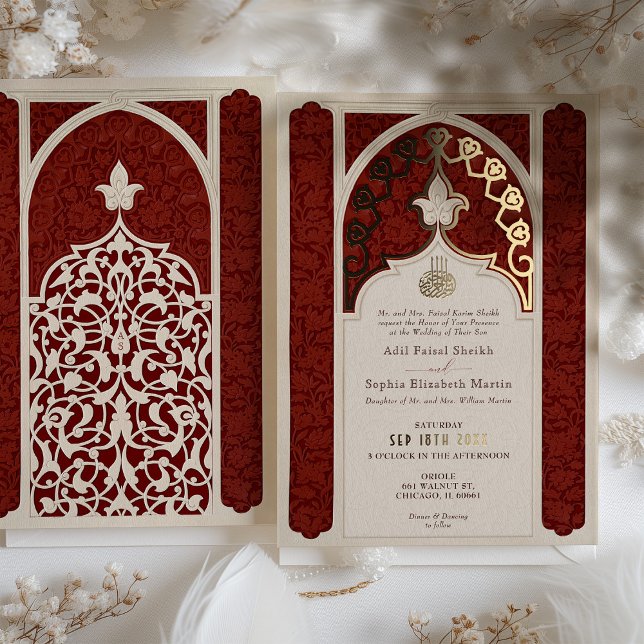 Invitation En Aluminium Mariage islamique opulent rubis et crème avec dent (Créateur téléchargé)