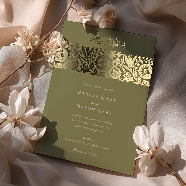 Invitation En Aluminium Mariage Islamique Or Vert Olive (Créateur téléchargé)