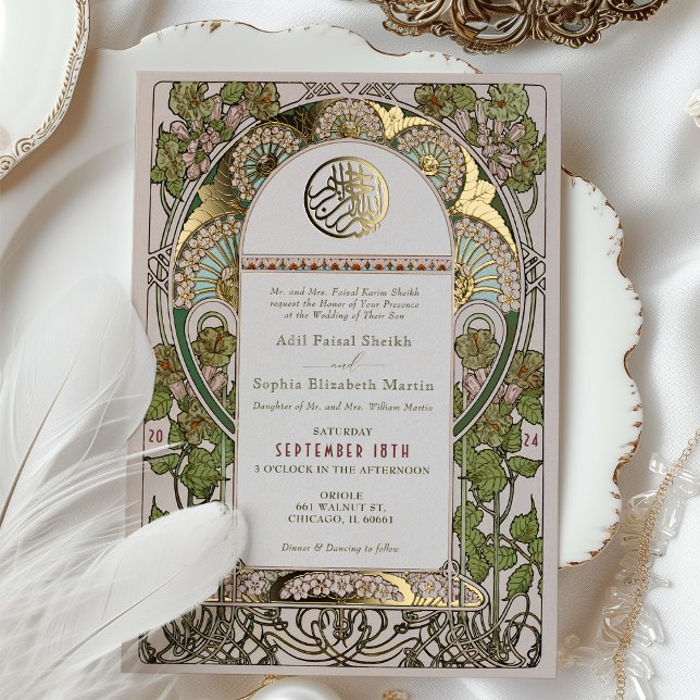 Invitation En Aluminium Mariage islamique vert Sage Art Nouveau Mucha (Créateur téléchargé)