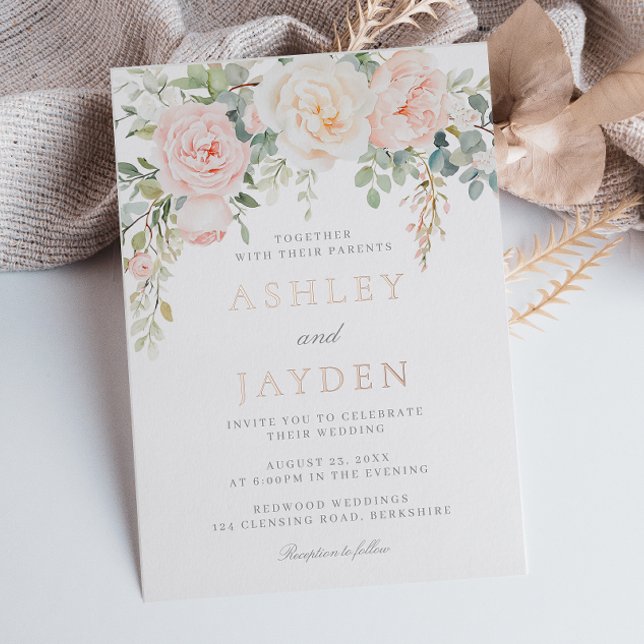 Invitation En Aluminium Mariage Ivoire Blush & Or Rose Feuille D'Or (Créateur téléchargé)