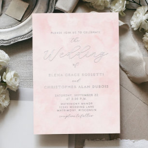 Invitation En Aluminium Mariage Lavis Aquarelle Fard Rosé Écriture Argenté