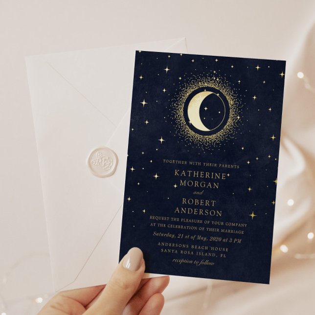 Invitation En Aluminium Mariage Lune Étoiles Bleu Minuit Céleste (Créateur téléchargé)