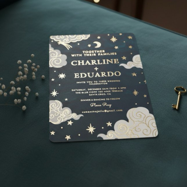 Invitation En Aluminium Mariage Lune & Étoiles en Or Céleste  (Créateur téléchargé)