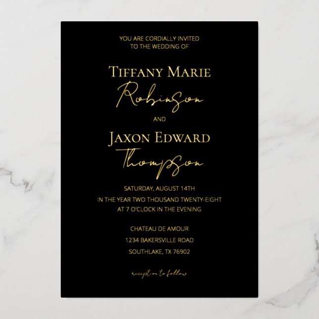 Invitation En Aluminium Mariage Luxe Élégance Noir et Or (Recto)