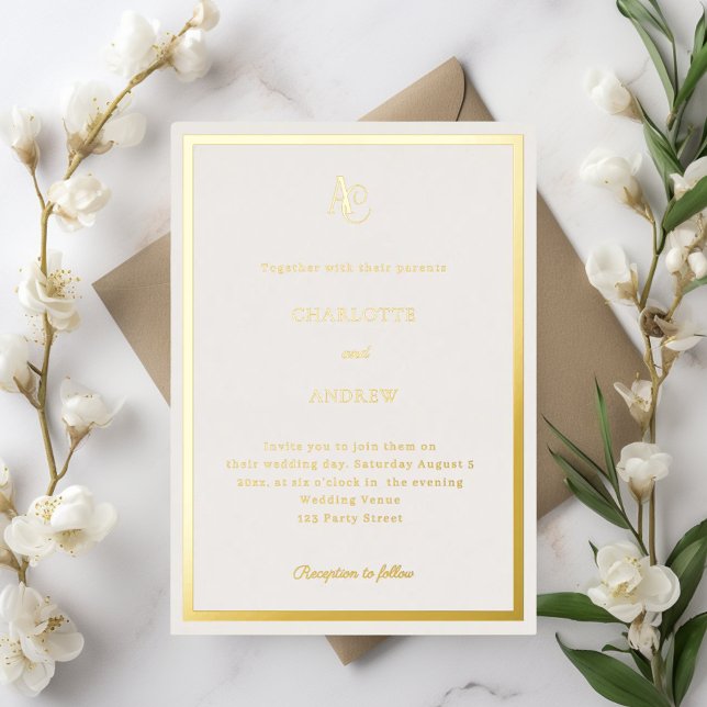 Invitation En Aluminium Mariage luxe monogramme moderne or ivoire (Créateur téléchargé)