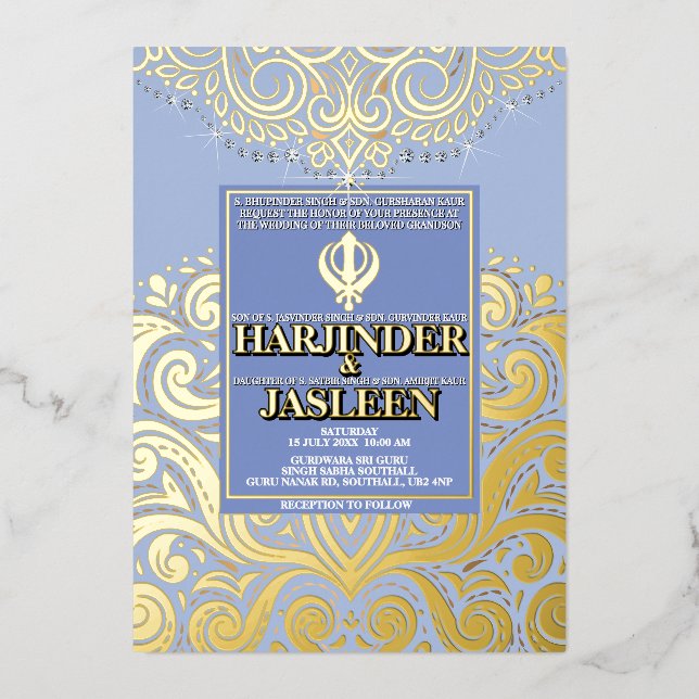 Invitation En Aluminium Mariage LuxGlitter Blue Gold Sikh Anand Karaj (Recto)