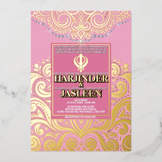 Invitation En Aluminium Mariage LuxGlitter Pink Gold Sikh Anand Karaj (Recto)