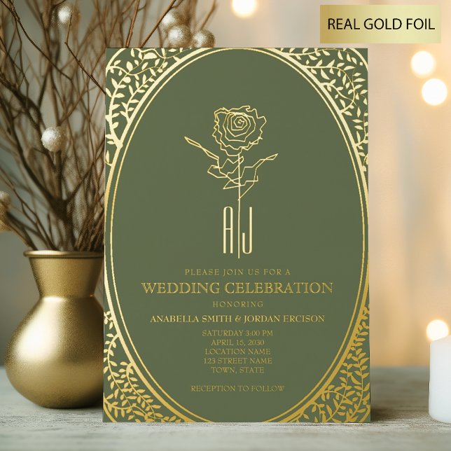 Invitation En Aluminium Mariage Luxueux Baroque Vert et Or (Créateur téléchargé)