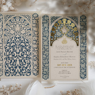 Invitation En Aluminium Mariage Luxueux Islamique Dentelle Bleu Poussiéreu