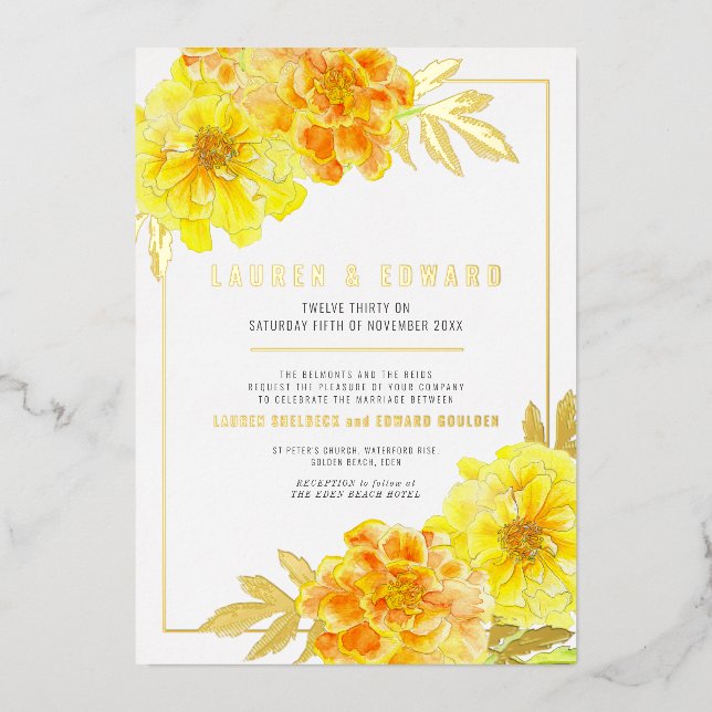 Invitation En Aluminium Mariage marigold jaune orange or (Recto)