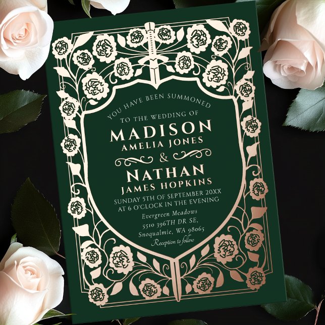 Invitation En Aluminium Mariage médiéval du bouclier d'épée verte (Créateur téléchargé)