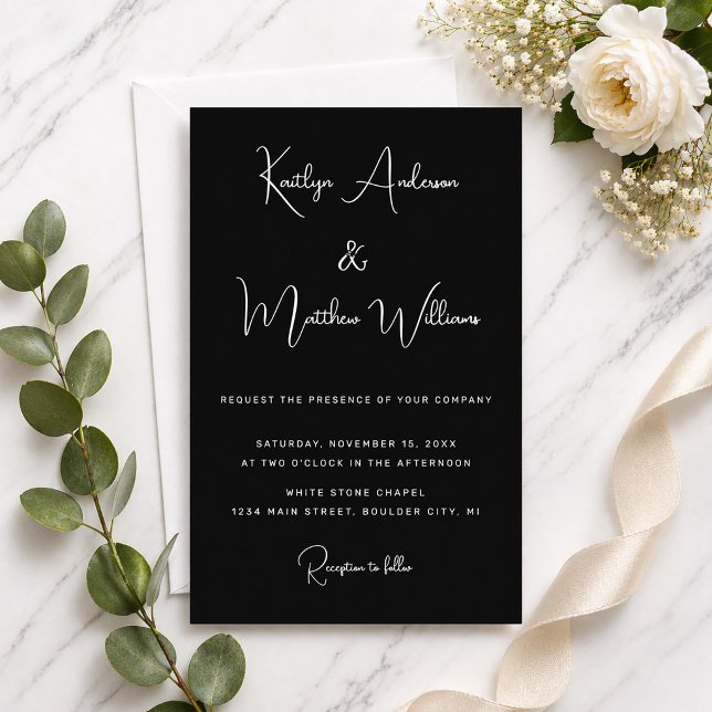 Invitation En Aluminium Mariage Minimal Élégant Moderne Argent Noir Script (Black with Silver Foil Script Wedding Inviation)