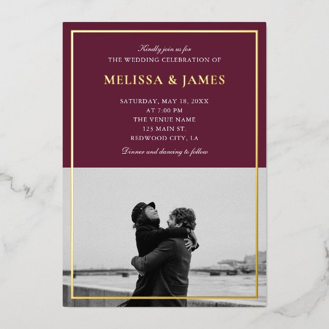 Invitation En Aluminium Mariage Minimal Élégant Script Photo Marsala (Recto)