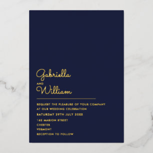 Invitation En Aluminium Mariage minimaliste chic écriture Navy Blue Or