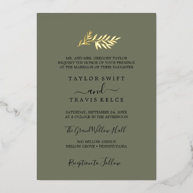 Invitation En Aluminium Mariage Minimaliste Feuille Or Vert Foncé (Recto)