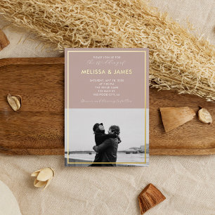 Invitation En Aluminium Mariage minimaliste moderne écriture photo beige