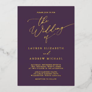 Invitation En Aluminium Mariage minimaliste Monogramme feuille d'or prune