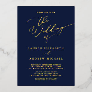 Invitation En Aluminium Mariage Minimaliste Monogramme Navy Blue et Doré