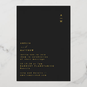 Invitation En Aluminium Mariage Minimaliste Monogramme Typographie Noir Or