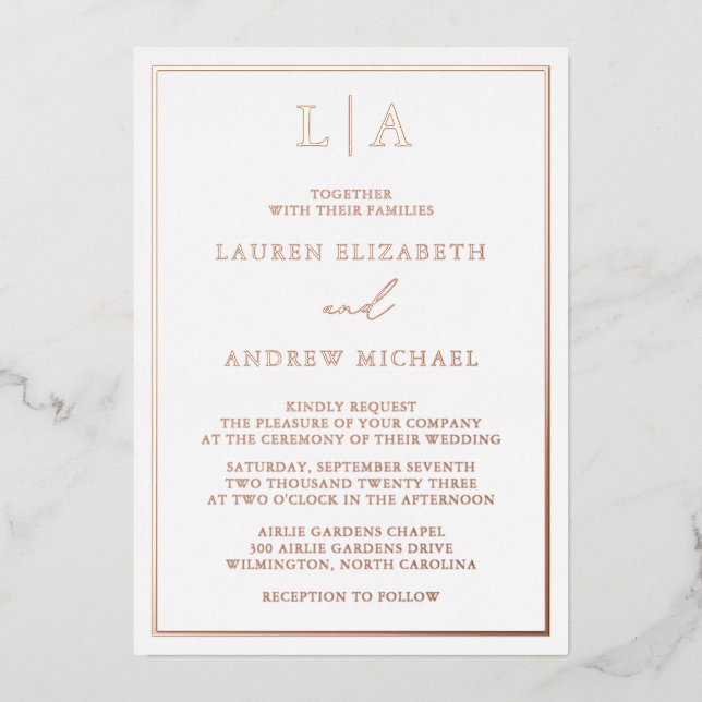Invitation En Aluminium Mariage minimaliste rose Gold Foil (Recto)