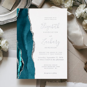 Invitation En Aluminium Mariage moderne à l'agate bleu sarcelle et argent