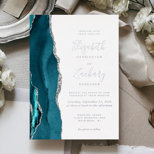 Invitation En Aluminium Mariage Moderne Agate Bleu Turquoise Argent (Créateur téléchargé)
