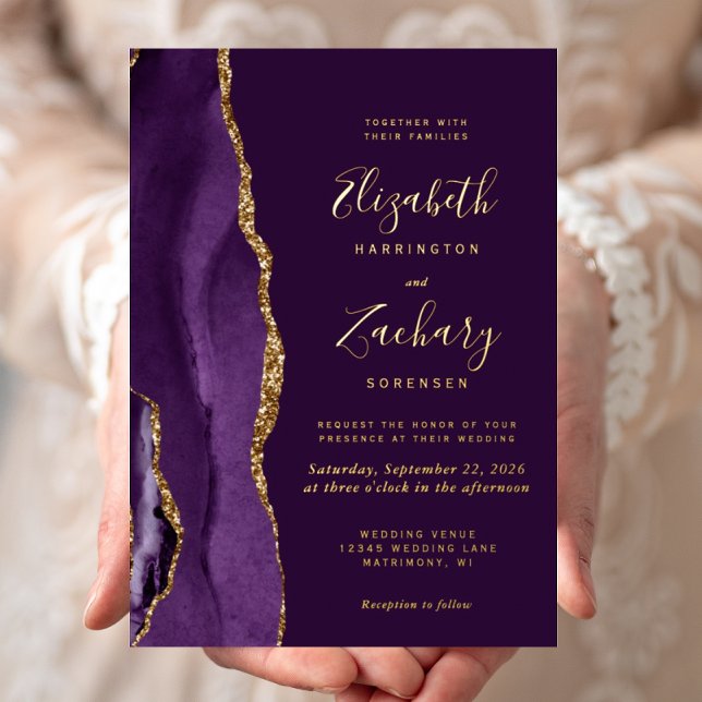 Invitation En Aluminium Mariage Moderne Agate Or Deep Purple (Créateur téléchargé)