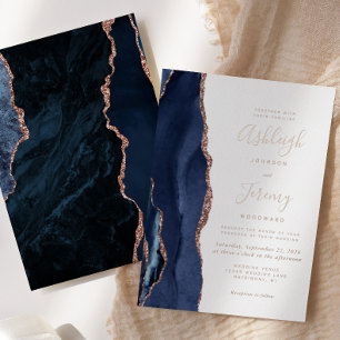 Invitation En Aluminium Mariage Moderne Agate Or Rose et Bleu Nuit