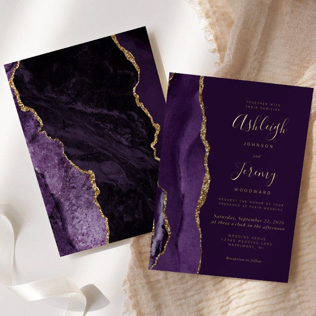 Invitation En Aluminium Mariage Moderne Agate Violet Foncé Or (Créateur téléchargé)