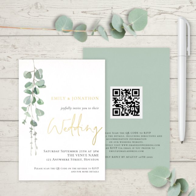 Invitation En Aluminium Mariage moderne aquarelle Eucalyptus Or Réel (With luxury real foil printing)