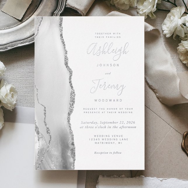 Invitation En Aluminium Mariage Moderne Argent Gris Blanc Agate (Créateur téléchargé)