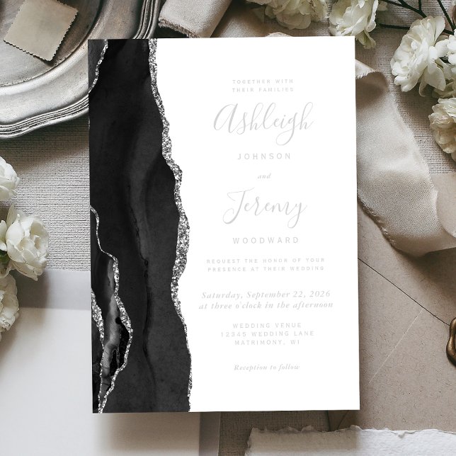 Invitation En Aluminium Mariage Moderne Argent Noir Agate (Créateur téléchargé)