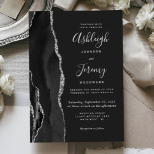 Invitation En Aluminium Mariage Moderne Argent Noir Agate Sombre