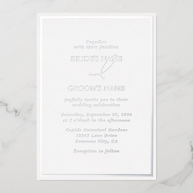 Invitation En Aluminium Mariage Moderne Argent Véritable et Blanc (Recto)