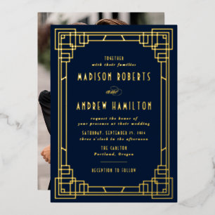 Invitation En Aluminium Mariage Moderne Art Déco Bleu Marine et Or