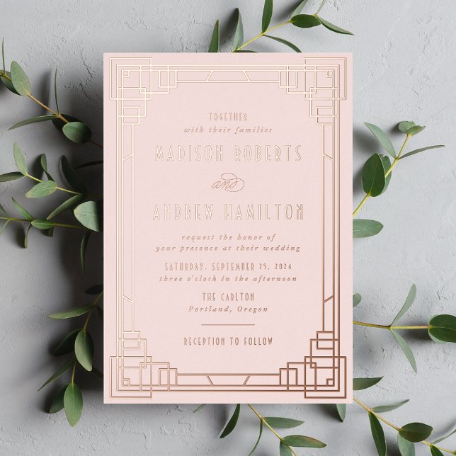 Invitation En Aluminium Mariage moderne Art déco Blush et or Rose (Créateur téléchargé)