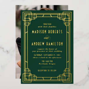 Invitation En Aluminium Mariage moderne Art déco Vert et or