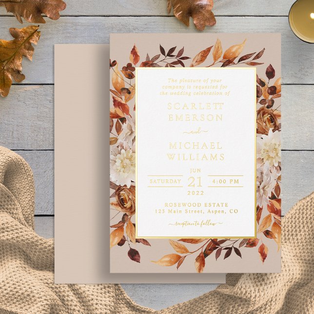 Invitation En Aluminium Mariage Moderne Automnal Doré (Modern Fall Leaves Gold Wedding Foil Invitation by Painted Paperie)