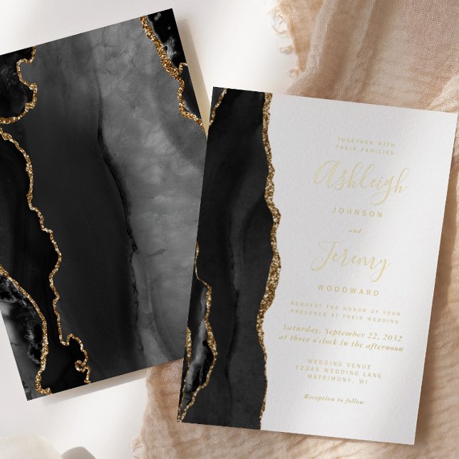 Invitation En Aluminium Mariage moderne Black Gold Agate (Créateur téléchargé)