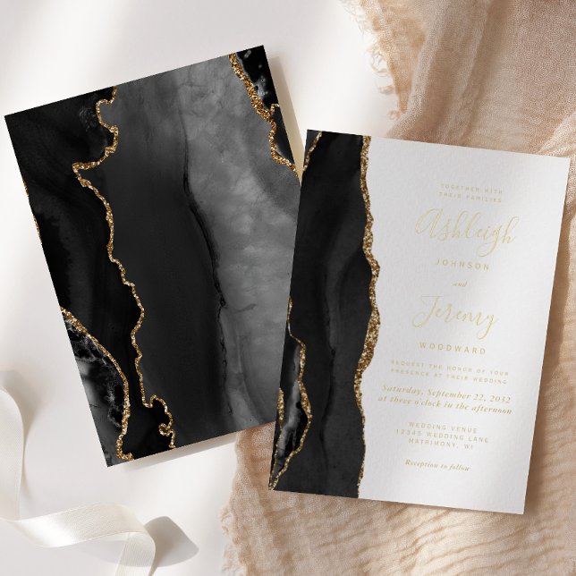 Invitation En Aluminium Mariage moderne Black Gold Agate (Créateur téléchargé)