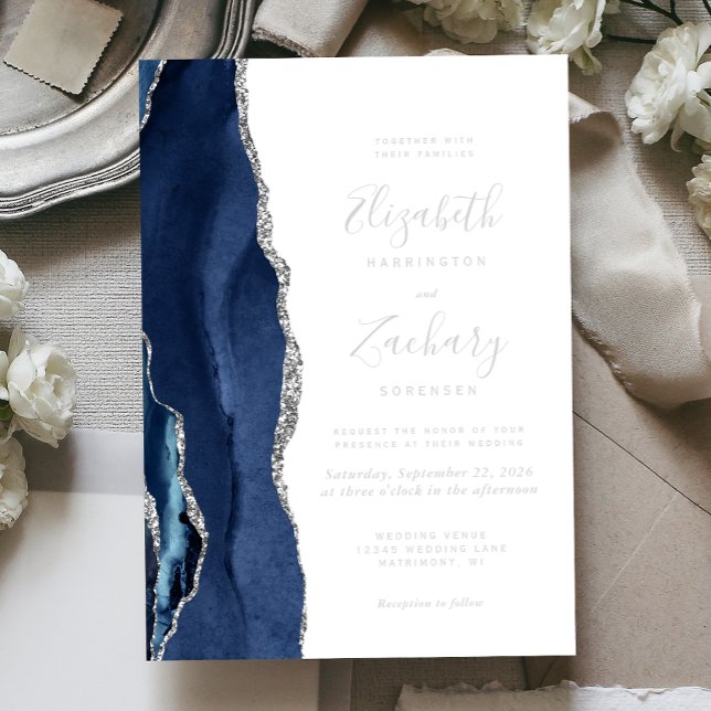 Invitation En Aluminium Mariage Moderne Bleu Nuit Agate Argent (Créateur téléchargé)
