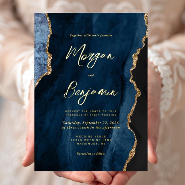 Invitation En Aluminium Mariage Moderne Bleu Nuit Agate Chic Or Script (Créateur téléchargé)