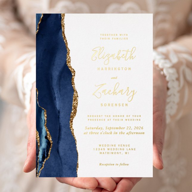 Invitation En Aluminium Mariage Moderne Bleu Nuit Or Agate (Créateur téléchargé)
