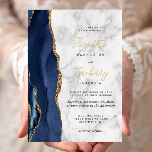 Invitation En Aluminium Mariage Moderne Bleu Nuit Or Agate Marbre