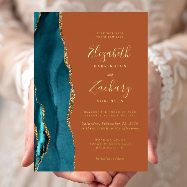 Invitation En Aluminium Mariage Moderne Bleu Sarcelle Or Agate Rouille (Créateur téléchargé)