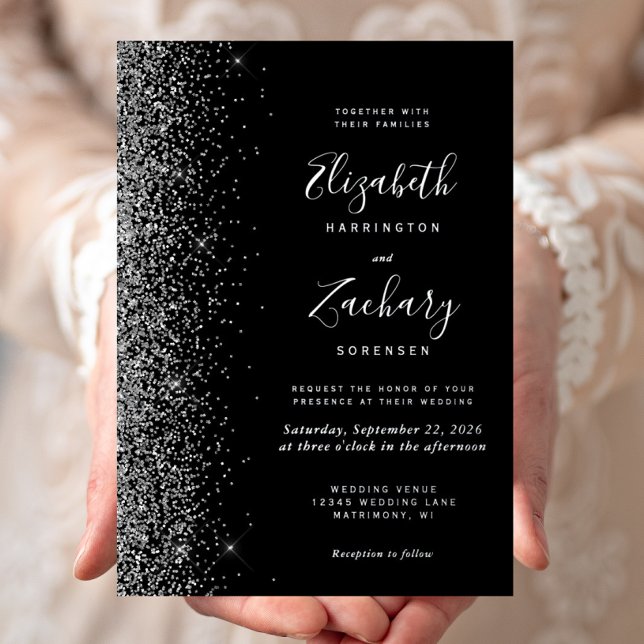 Invitation En Aluminium Mariage Moderne Bordure Pailletée Argent Noir (Créateur téléchargé)