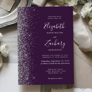 Invitation En Aluminium Mariage Moderne Bordure Pailletée Violet Argent