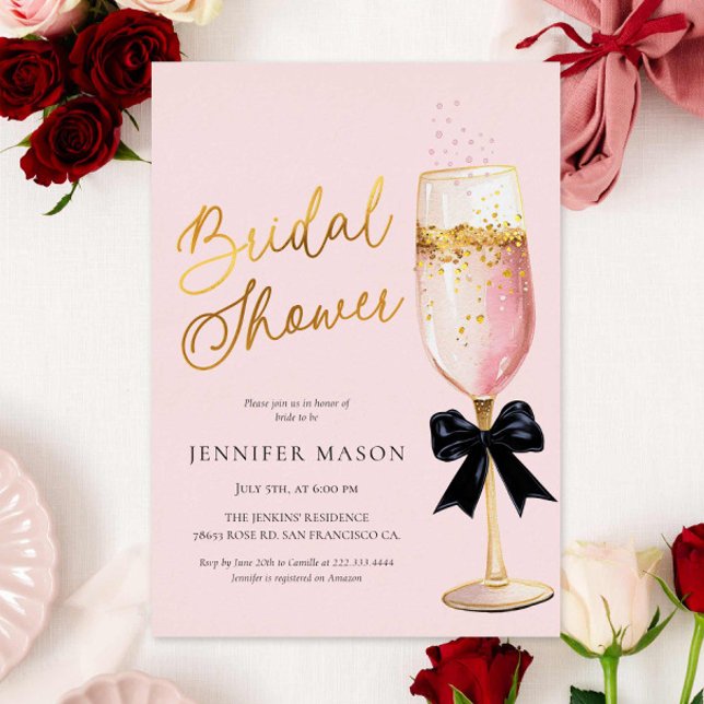 Invitation En Aluminium Mariage moderne Champagne Rose (Pink Champagne Bridal Shower Gold Foil Invitation)